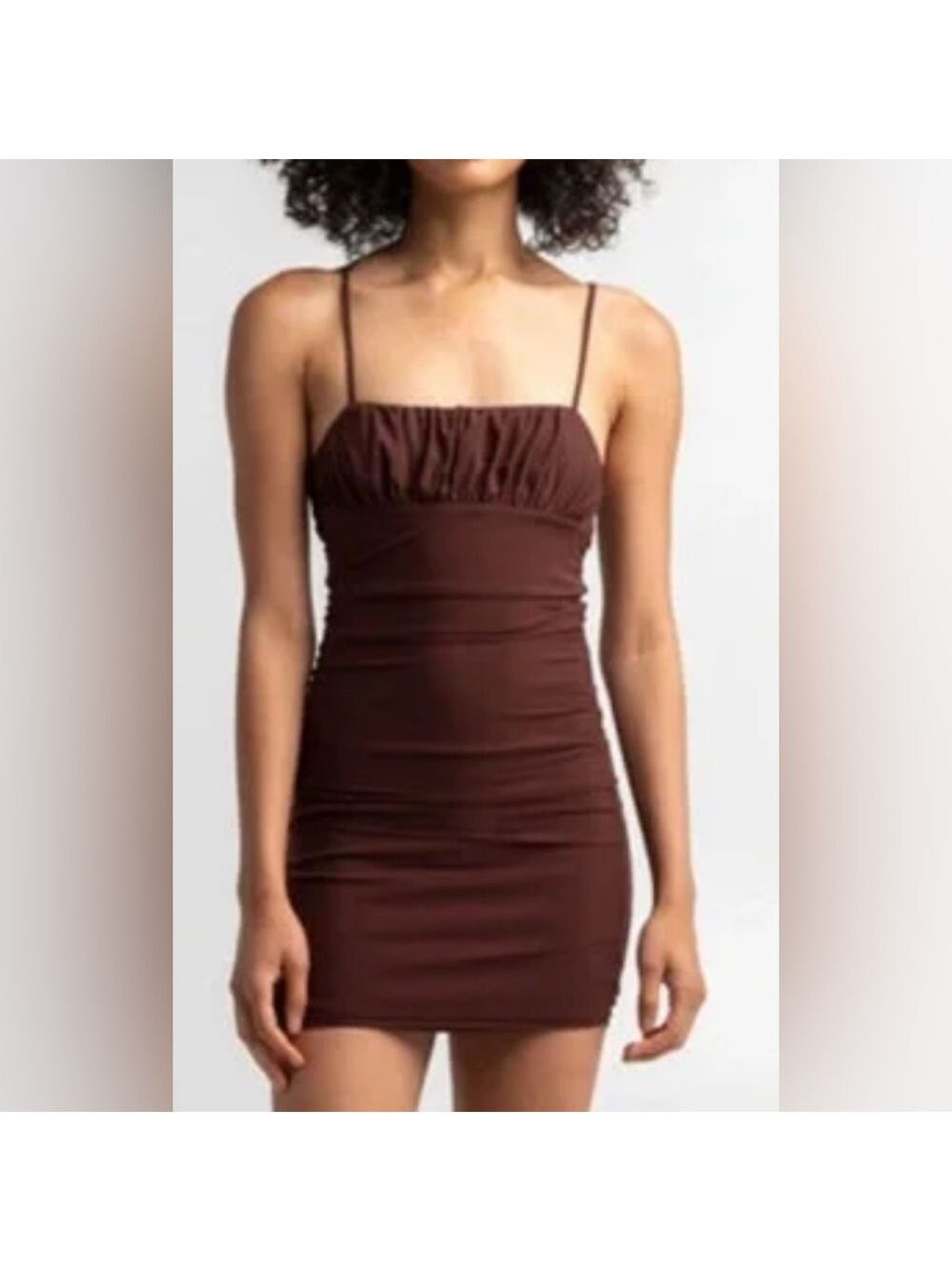 Anthropologie sky and sparrow chocolate Brown mesh stretch ruched Mini Dress xl